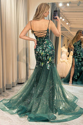 Dark Green Prom Dress Mermaid Long Appliqued Evening Dress With Slit